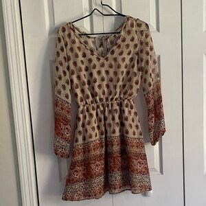 Miami Long Sleeve Dress with Red and Brown Patterns